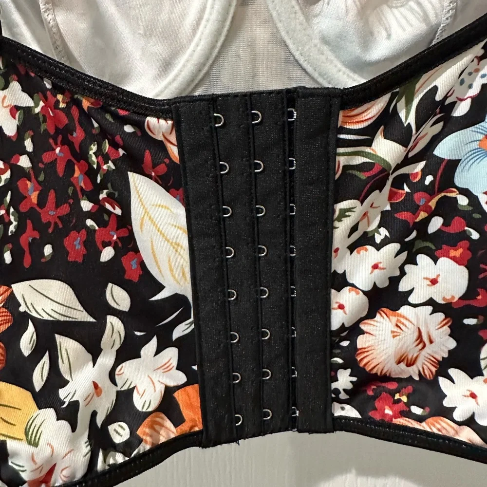 SHEIN VCAY Floral Print Eyelash Lace Trim Bustier Bra